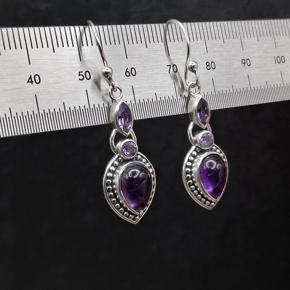 Sterling Silver Amethyst Dangle Earrings 925 Southwestern French Wire Purple